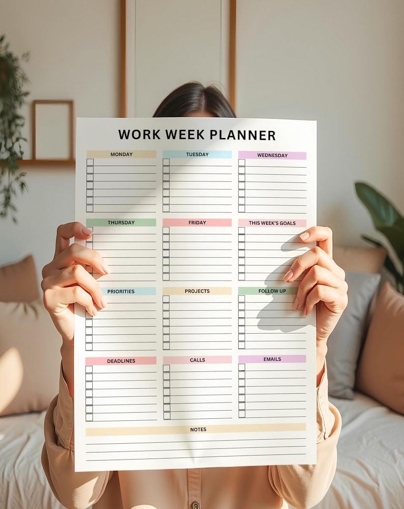 A digital printable weekly planner PDF in portrait orientation showing Monday to Friday checklists, plus sections for goals, priorities, projects, follow-ups, deadlines, calls, emails, and notes.