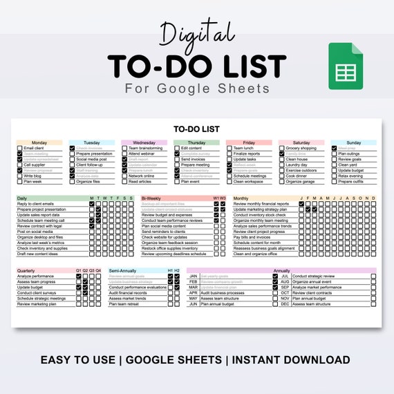 Google Sheets To Do List Template: Daily, Weekly, Monthly Task Tracker (Digital Download)