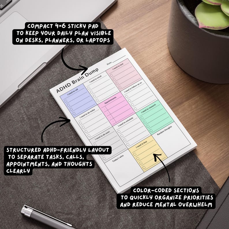 ADHD daily planner sticky notes pad on wooden desk, 4x6 inches with color-coded sections and clean layout for organizing tasks, appointments, calls, and notes with adhesive backing.