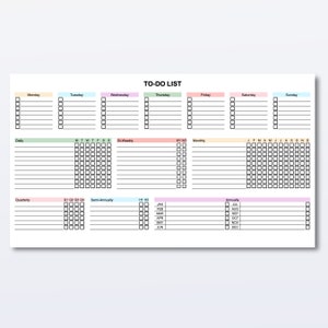 Google Sheets to-do list template with daily, weekly, monthly, and annual tasks, showing Monday and Sunday start options for easy task organization.