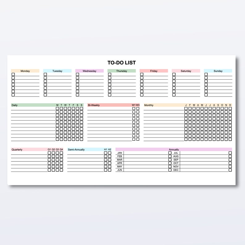Google Sheets to-do list template with daily, weekly, monthly, and annual tasks, showing Monday and Sunday start options for easy task organization.
