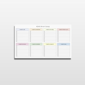 ADHD brain dump checklist notepad in 10x6 inch size, showing pastel headers and empty checkbox sections for calls, emails, tasks, and shopping on a bright neutral background.