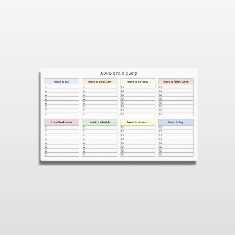 ADHD brain dump checklist notepad in 10x6 inch size, showing pastel headers and empty checkbox sections for calls, emails, tasks, and shopping on a bright neutral background.