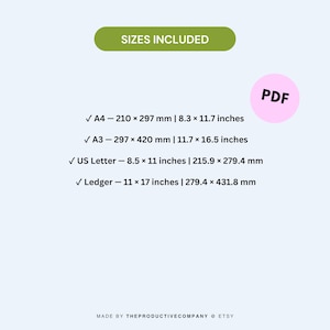 Size guide for the 2027 printable monthly planner showing A4, A3, US Letter, and Ledger PDF formats.