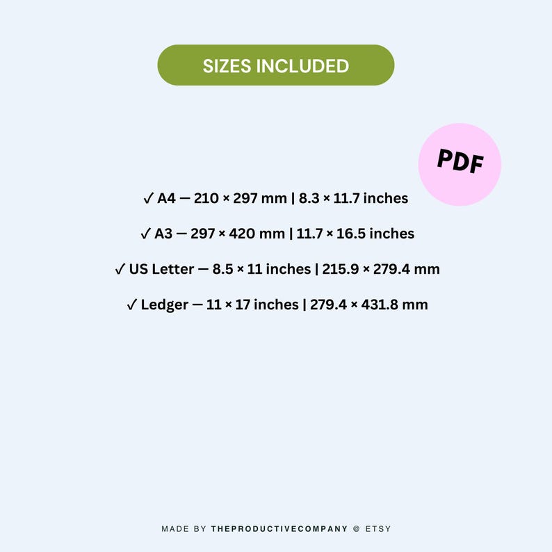 Size guide for the 2027 printable monthly planner showing A4, A3, US Letter, and Ledger PDF formats.