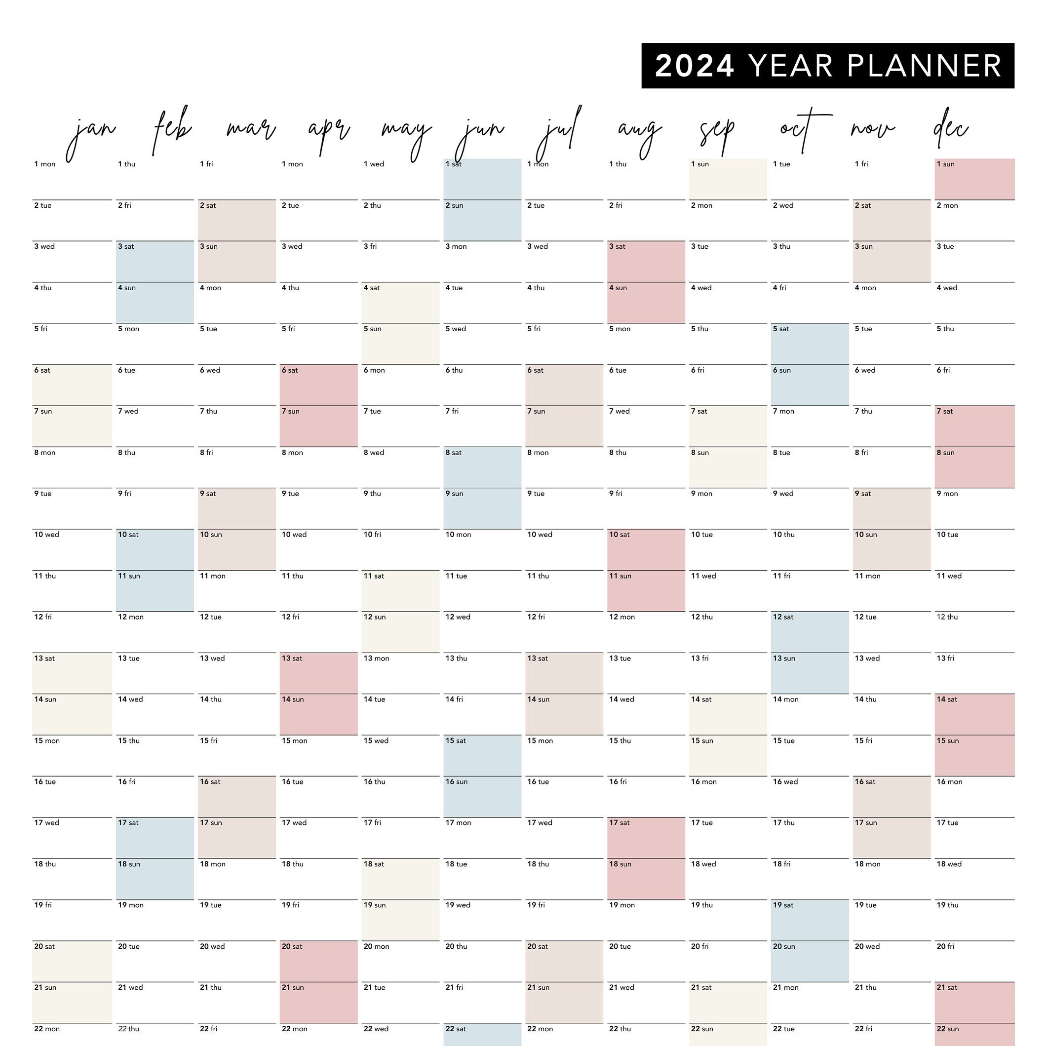 Large Wall Calendar 2024 Year Planner Printable PDF Instant Download ...