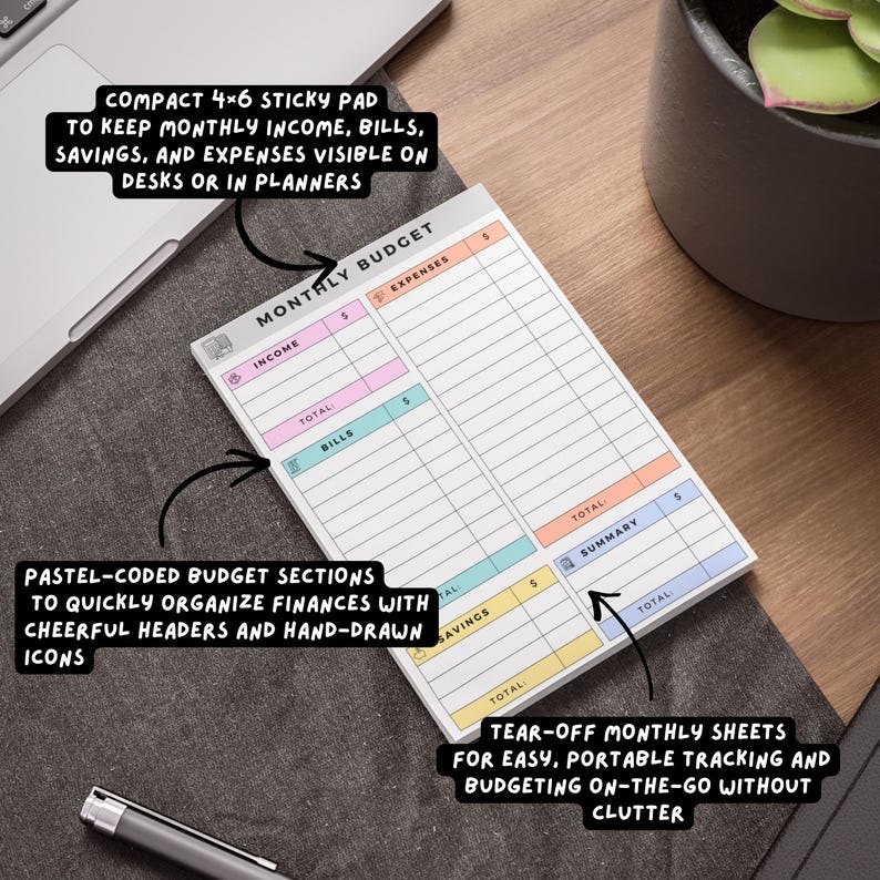 Flat lay of small budget tracker notepad with pastel headers, icons for income, bills, savings, and expenses, single-sided tear-off sheets for easy desktop or planner use.