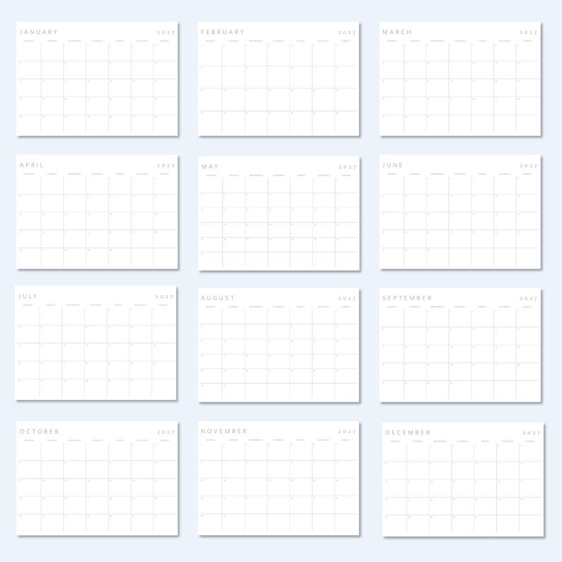 Complete overview of all 12 months included in the minimalist 2027 printable calendar download.