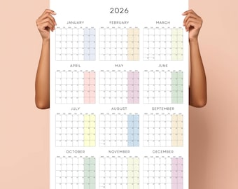 2026 Wall Calendar Year at a Glance Poster – Minimalist Pastel Print