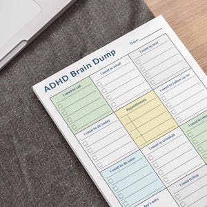 4x6-inch ADHD daily planner sticky notes pad showing brain dump, appointments, and task sections on white paper, minimalist printed design.