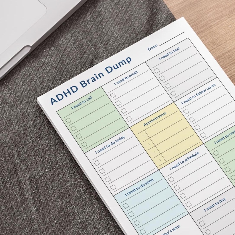 4x6-inch ADHD daily planner sticky notes pad showing brain dump, appointments, and task sections on white paper, minimalist printed design.