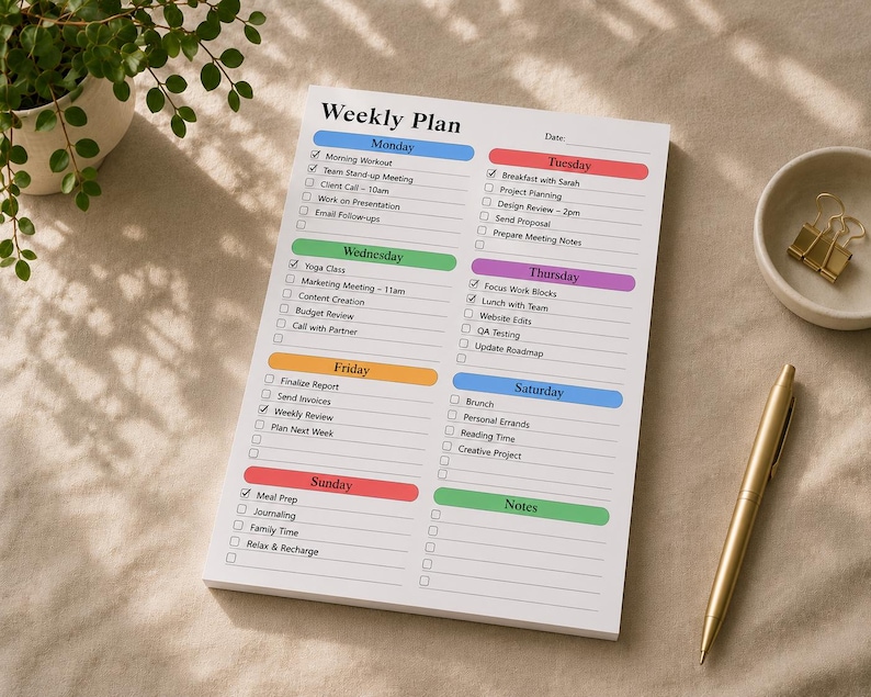 Large planner notepad with structured weekly checklist design photographed on beige desk background, featuring lined scheduling areas, pastel weekday labels and clean workspace planning layout.