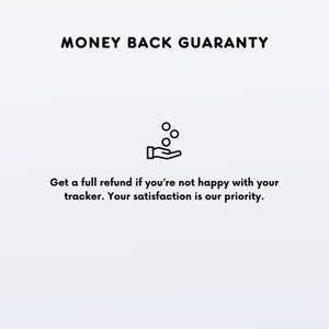 Op de afbeelding: Een zwart-witte illustratie van een hand met munten die erin vallen. De tekst "MONEY BACK GUARANTY" staat boven de illustratie. De tekst onder de illustratie luidt: "Krijg een volledige terugbetaling als je niet tevreden bent met je tracker. Jouw tevredenheid is onze prioriteit."