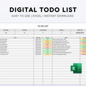 Todo List Excel Simple Task Tracker Digital To-do List Excel Template ...