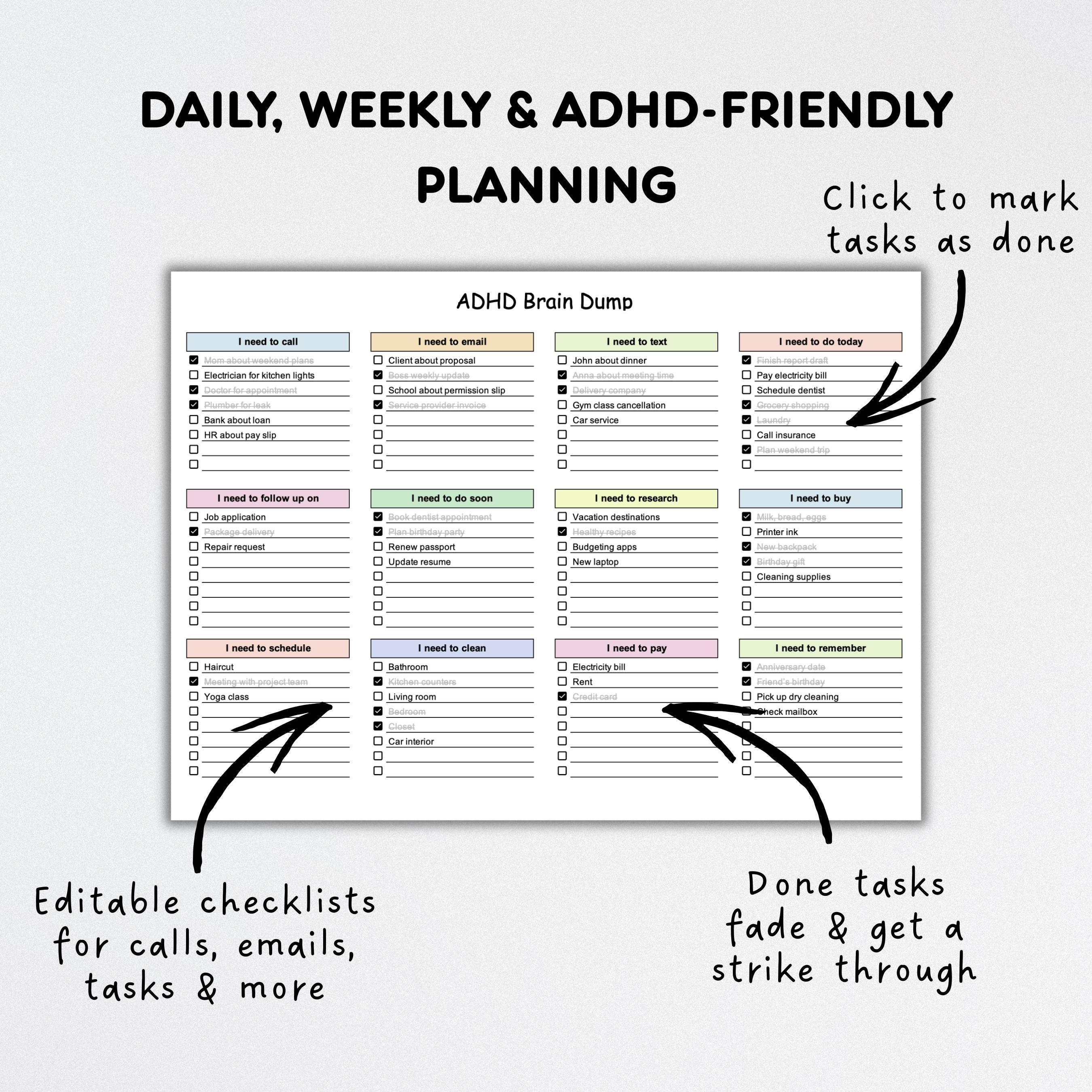 ADHD Planner for Excel & Google Sheets, Editable Spreadsheet, Digital ...