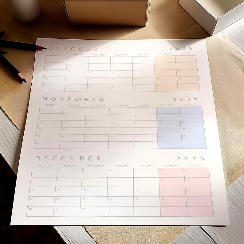May include: A white 2026 calendar with the months of October, November, and December. Each month has a grid layout with days of the week. The calendar has pastel color highlights for weekends.