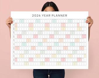 2026 Yearly Wall Planner Poster, Year at a Glance, Minimalist Pastel Year Calendar