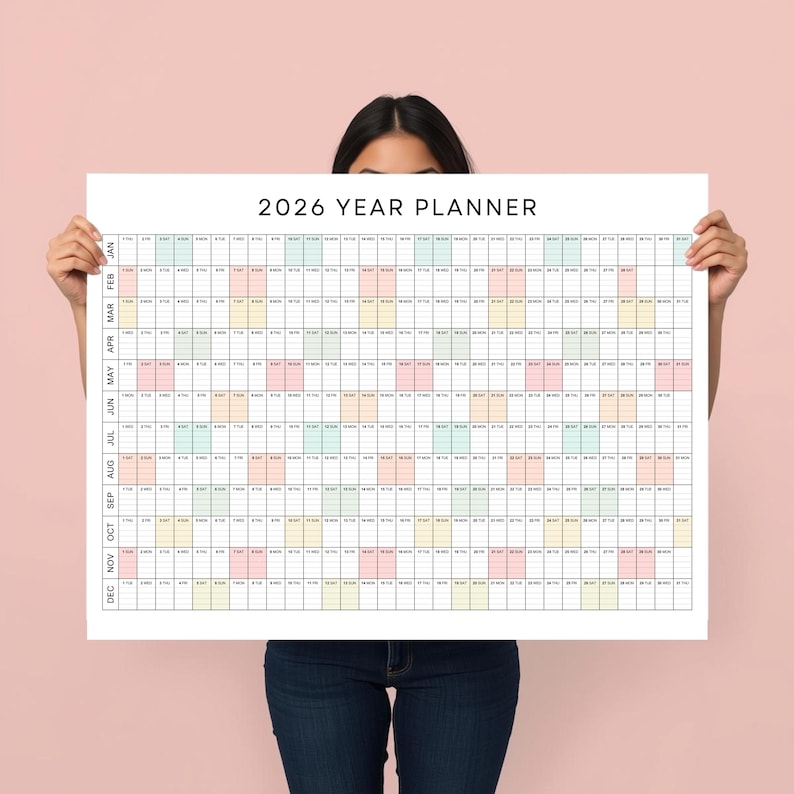 2026 Yearly Wall Planner Poster, Year at a Glance, Minimalist Pastel ...