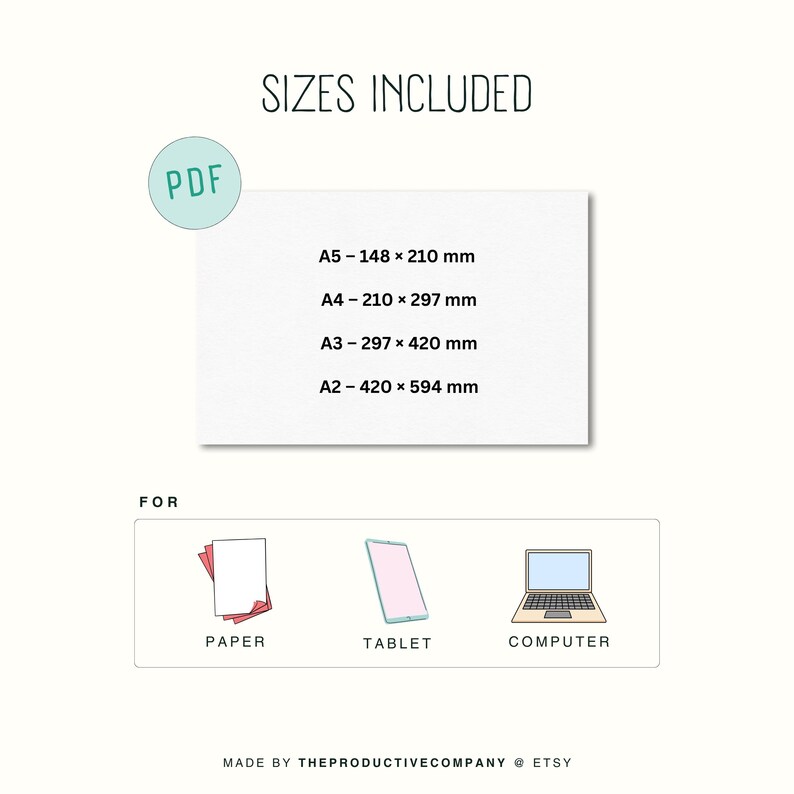 May include: A white graphic with the text "SIZES INCLUDED" and size details in millimeters for A5, A4, A3, and A2 paper sizes. Below are illustrations for paper, tablet, and computer. The PDF icon is in the upper left corner.