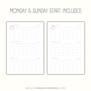 Op de afbeelding: Twee witte kalenderpagina's voor 2026, elk met januari, februari en maart. De tekst MONDAY & SUNDAY START INCLUDED staat bovenaan. Elke pagina heeft een rode cirkel rond de eerste dag van januari. MADE BY THEPRODUCTIVECOMPANY @ ETSY.