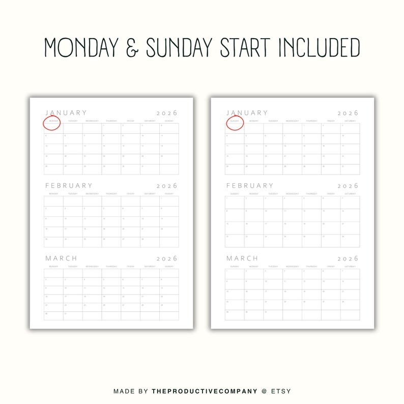 Op de afbeelding: Twee witte kalenderpagina's voor 2026, elk met januari, februari en maart. De tekst MONDAY & SUNDAY START INCLUDED staat bovenaan. Elke pagina heeft een rode cirkel rond de eerste dag van januari. MADE BY THEPRODUCTIVECOMPANY @ ETSY.