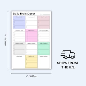 ADHD planner sticky notes pad next to laptop, showing compact 4x6 format with color-coded sections for tasks, calls, appointments, and notes in a clean, structured daily layout.