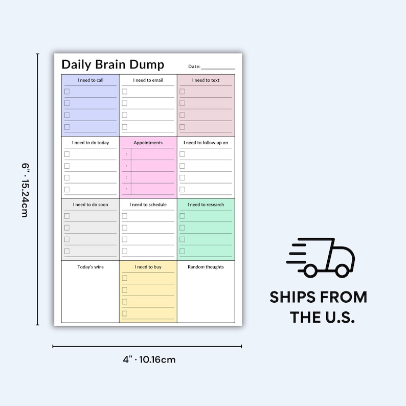 ADHD planner sticky notes pad next to laptop, showing compact 4x6 format with color-coded sections for tasks, calls, appointments, and notes in a clean, structured daily layout.
