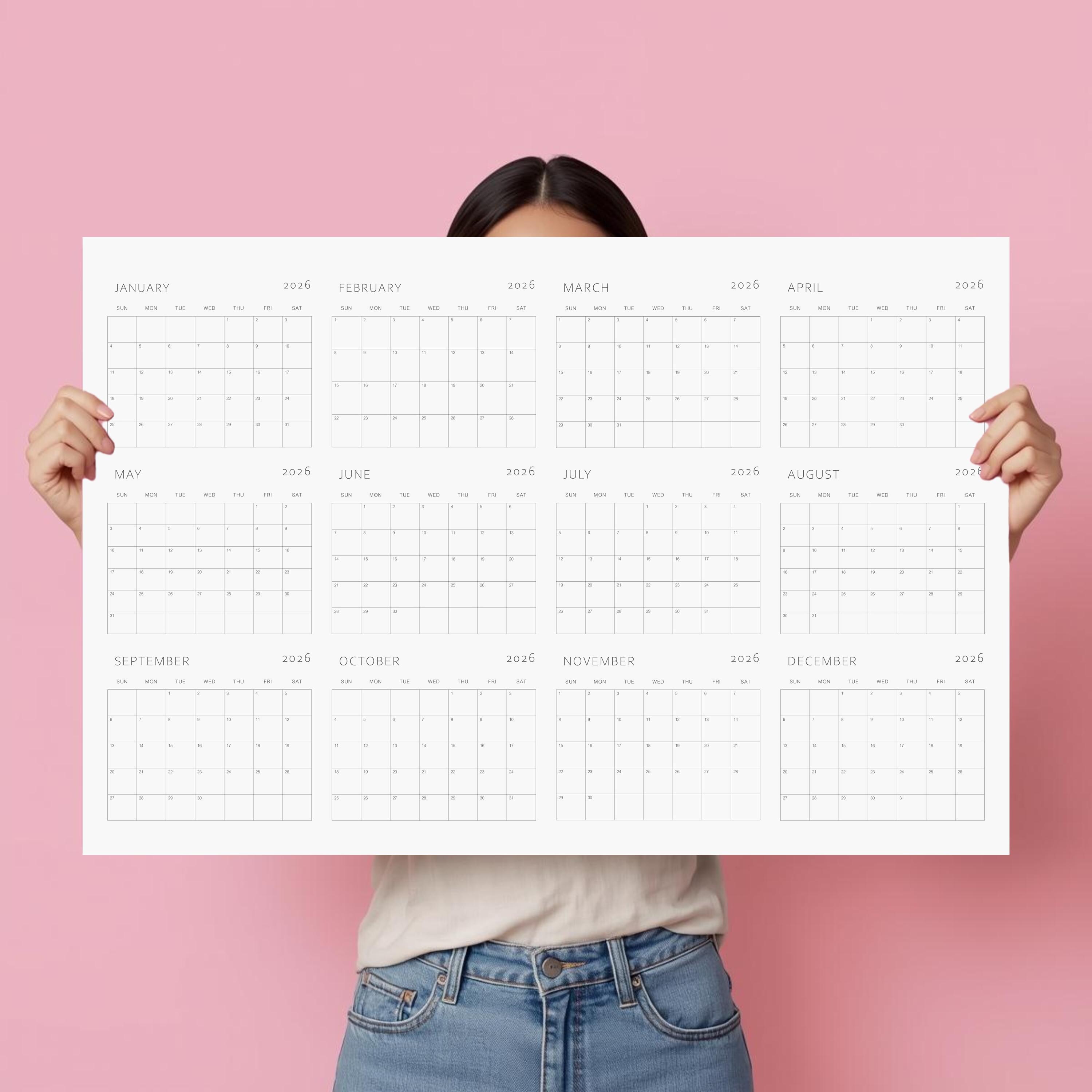 2026 Wall Calendar Poster Sunday Start Large Year at a Glance Planner ...