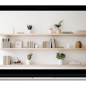 Virtual background for Zoom and Teams featuring a modern home office with minimalist bookshelves and plants, available as an instant JPG download.
