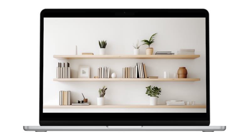 Virtual background for Zoom and Teams featuring a modern home office with minimalist bookshelves and plants, available as an instant JPG download.