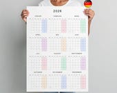 2026 Wall Planner German, Minimalist Yearly Calendar A1, A2, A3 (PDF, Instant Download)