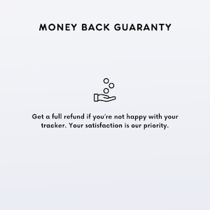 Peut inclure: Une illustration en noir et blanc d'une main avec des pi&egrave;ces de monnaie qui tombent dedans. Le texte "MONEY BACK GUARANTY" est au-dessus de l'illustration. Le texte sous l'illustration se lit comme suit : "Obtenez un remboursement complet si vous n'&ecirc;tes pas satisfait de votre suivi. Votre satisfaction est notre priorit&eacute;."