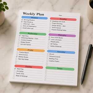 Minimal weekly desk organizer notepad displayed on beige backdrop with large checklist layout, colorful pastel headers, notes section and structured office planning design.