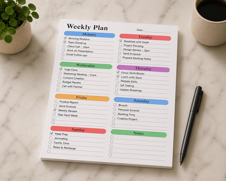 Minimal weekly desk organizer notepad displayed on beige backdrop with large checklist layout, colorful pastel headers, notes section and structured office planning design.