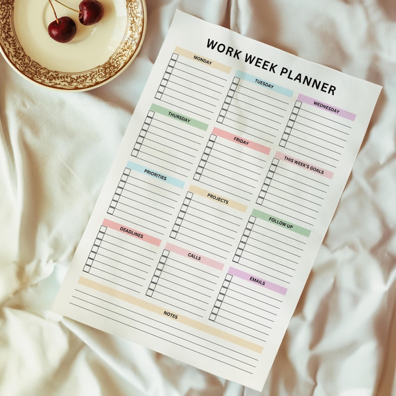 Colorful yet minimalist digital weekly planner with twelve sections including Monday to Friday checklists, goals, priorities, projects, follow-ups, deadlines, calls, emails, and notes on one page.