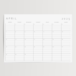 Calendario imprimible 2025 en PDF / Planificador mensual minimalista con líneas / Formatos A4, A3, Carta (EE. UU.) y Ledger / Inicio lunes y domingo / Descarga digital