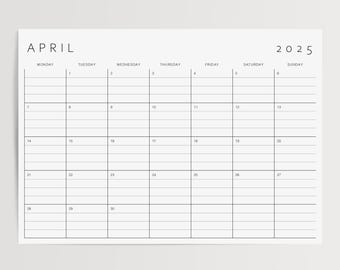 2025 Printable Calendar PDF | Minimalist Monthly Planner With Lines | A4, A3, US Letter, Ledger | Monday & Sunday Start | Digital Download
