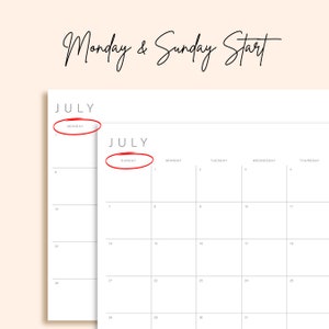 Comparative infographic displaying two versions of the planner: one starting with Sunday and the other with Monday, providing flexibility to suit individual preferences.