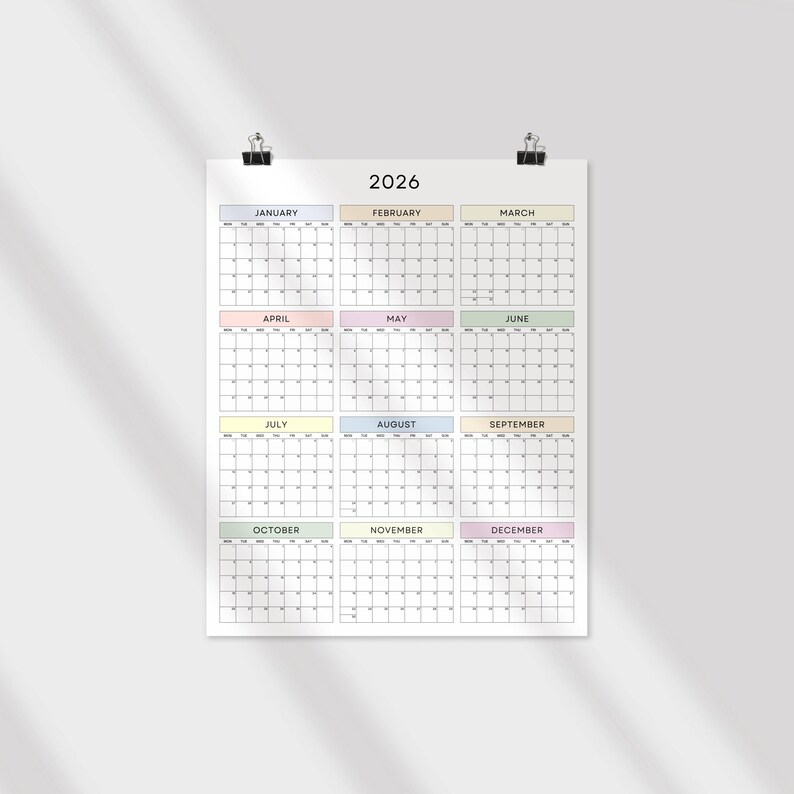 2026 Minimalist Wall Planner Poster Portrait | Pastel Year-at-glance ...