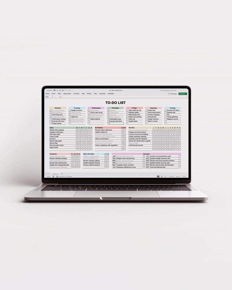 Task management spreadsheet for Excel with multiple planning sections and checkbox tracking, designed for organizing projects, routines, and priorities in one structured file
