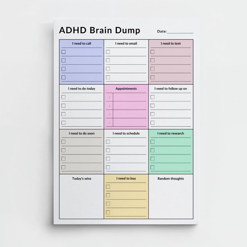 A printed ADHD daily planner on a white sheet of paper, showing sections for to-dos, reminders, phone calls, and notes. The planner is displayed against a neutral background, with clear, legible text in a portrait orientation.