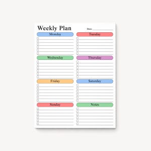 Letter size weekly planner notepad mockup with colorful pastel weekday headers and checklist sections shown on clean neutral backdrop, featuring large desk planning layout and tear-away paper pad design.