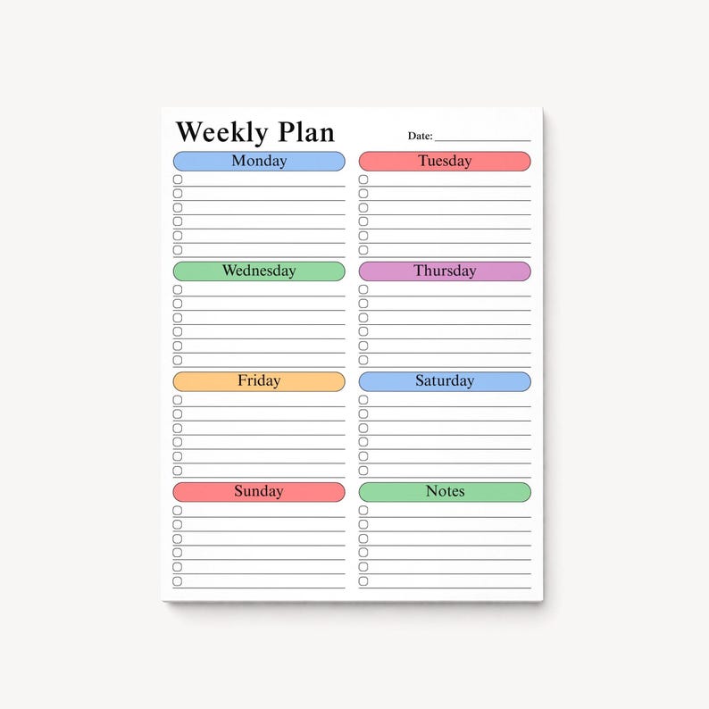 Letter size weekly planner notepad mockup with colorful pastel weekday headers and checklist sections shown on clean neutral backdrop, featuring large desk planning layout and tear-away paper pad design.