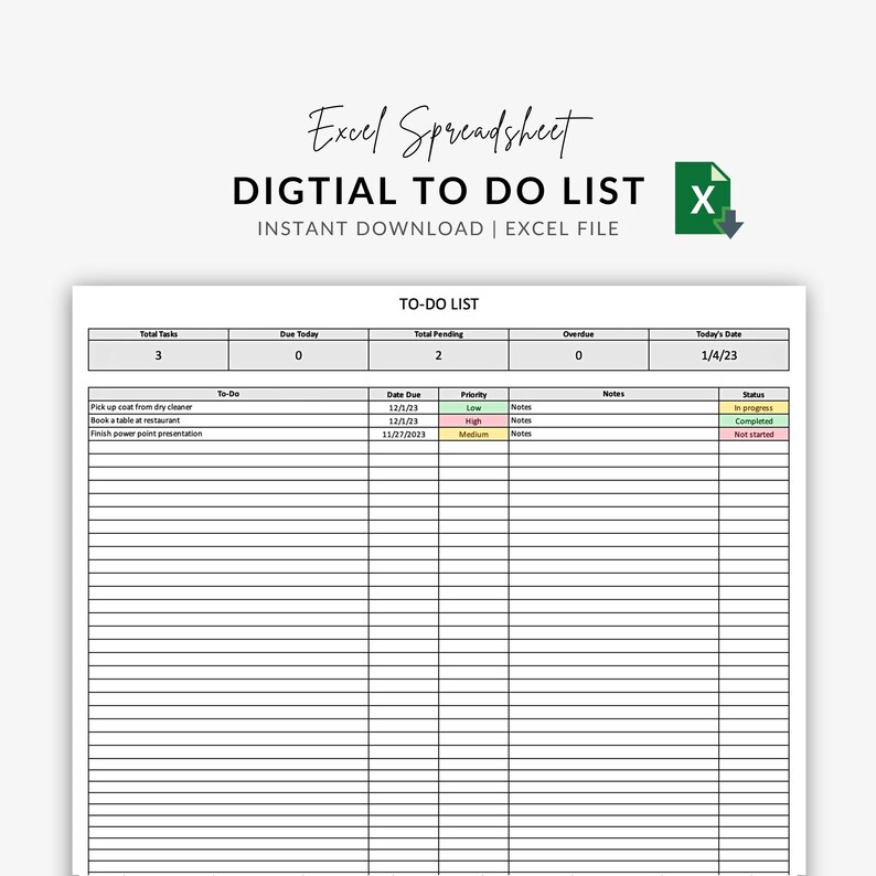 To Do List Excel Spreadsheet Digtial Excel Template Digital Checklist ...