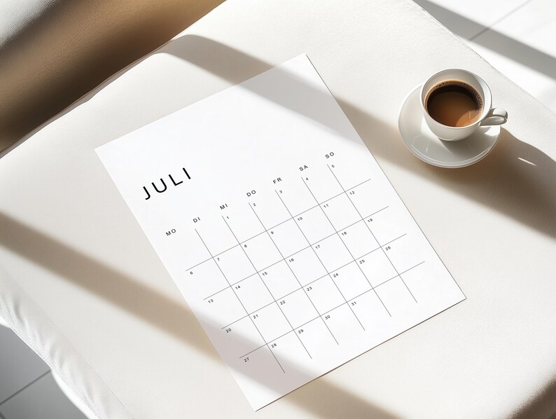A4-Druckvorlage Kalender 2026 Deutsch, minimalistisches Design mit Wochentagen in deutscher Sprache, schwarze Linien auf weißem Papier, auf hellem grauen Hintergrund.