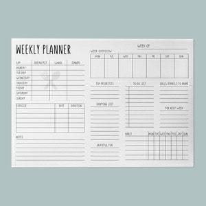 Plantilla de planificador semanal minimalista, lista de tareas diarias, lista de verificación, imprimible/digital, tamaño A4 y carta, descarga instantánea en PDF.