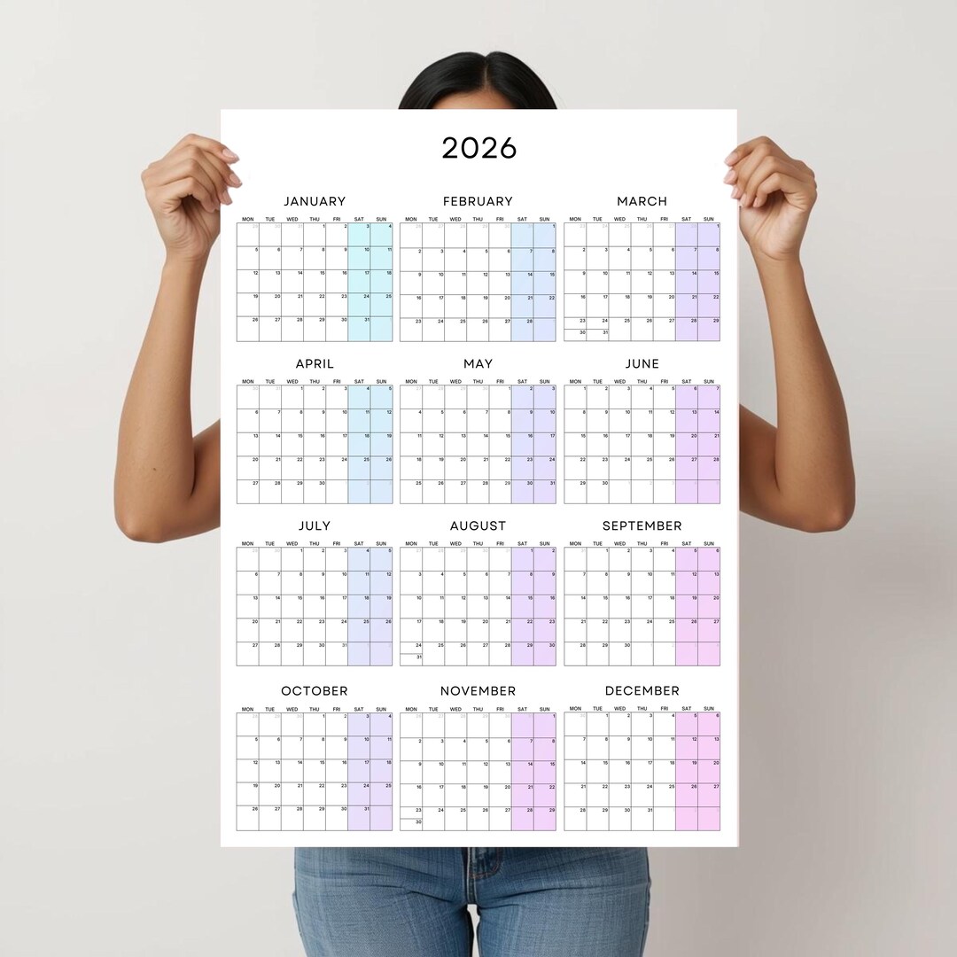Gradient Yearly Calendar 2026 Vertical Year at a Glance — Mermaidcore ...