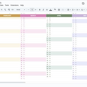 Close-up of Google Sheets 2026 year planner showing editable cells, categories, and clean grid layout