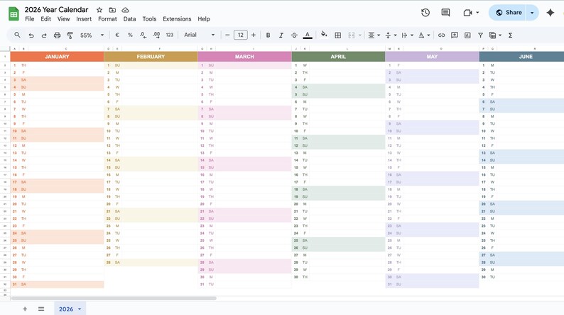 Close-up of Google Sheets 2026 year planner showing editable cells, categories, and clean grid layout