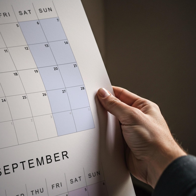 White sheet showing a 2026 year-at-a-glance wall calendar, vertical layout with pastel color blocks, all months displayed in a single grid, printed on thick paper.